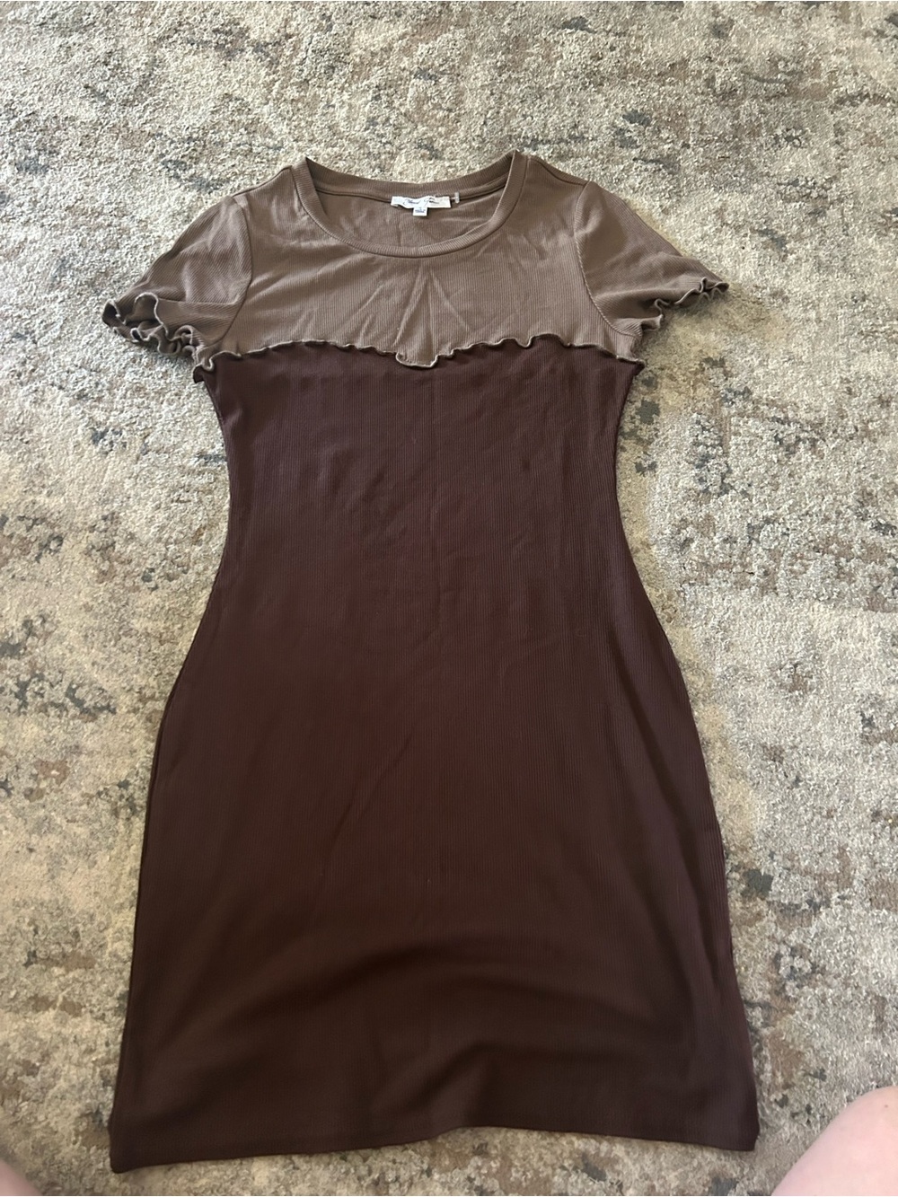 Two-Tone Brown Ribbed Mini Dress with Lettuce-Edge Trim
